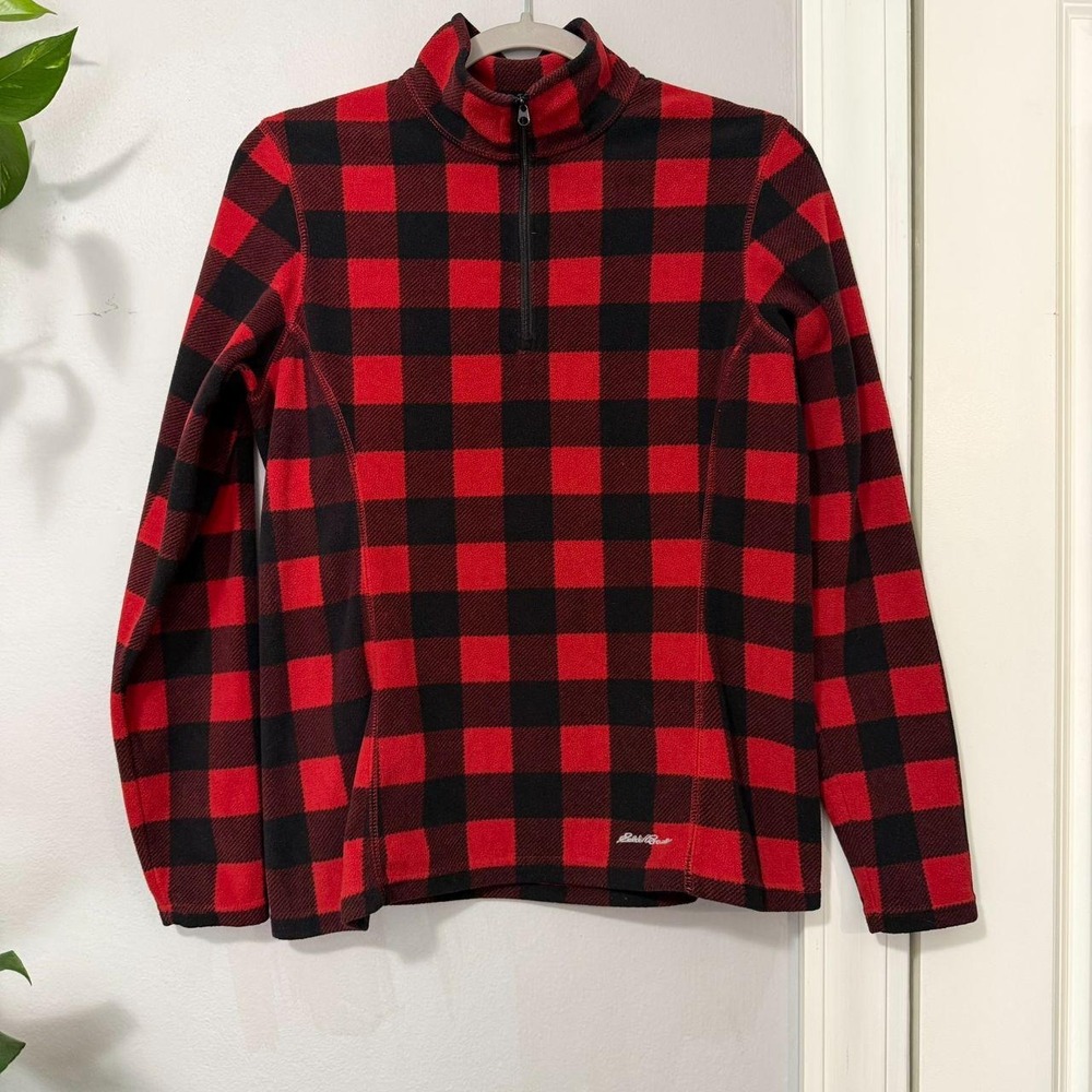 Eddie Bauer Buffalo Plaid Fleece Pullover Red Black Quarter Zip S